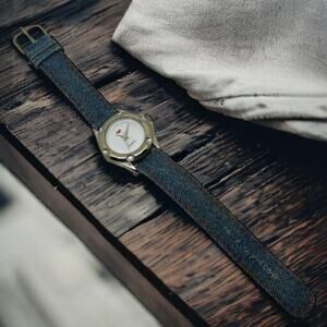 Y2K Denim Band Heart Watch Silver Tone Case Quartz Untested 90s Fashion